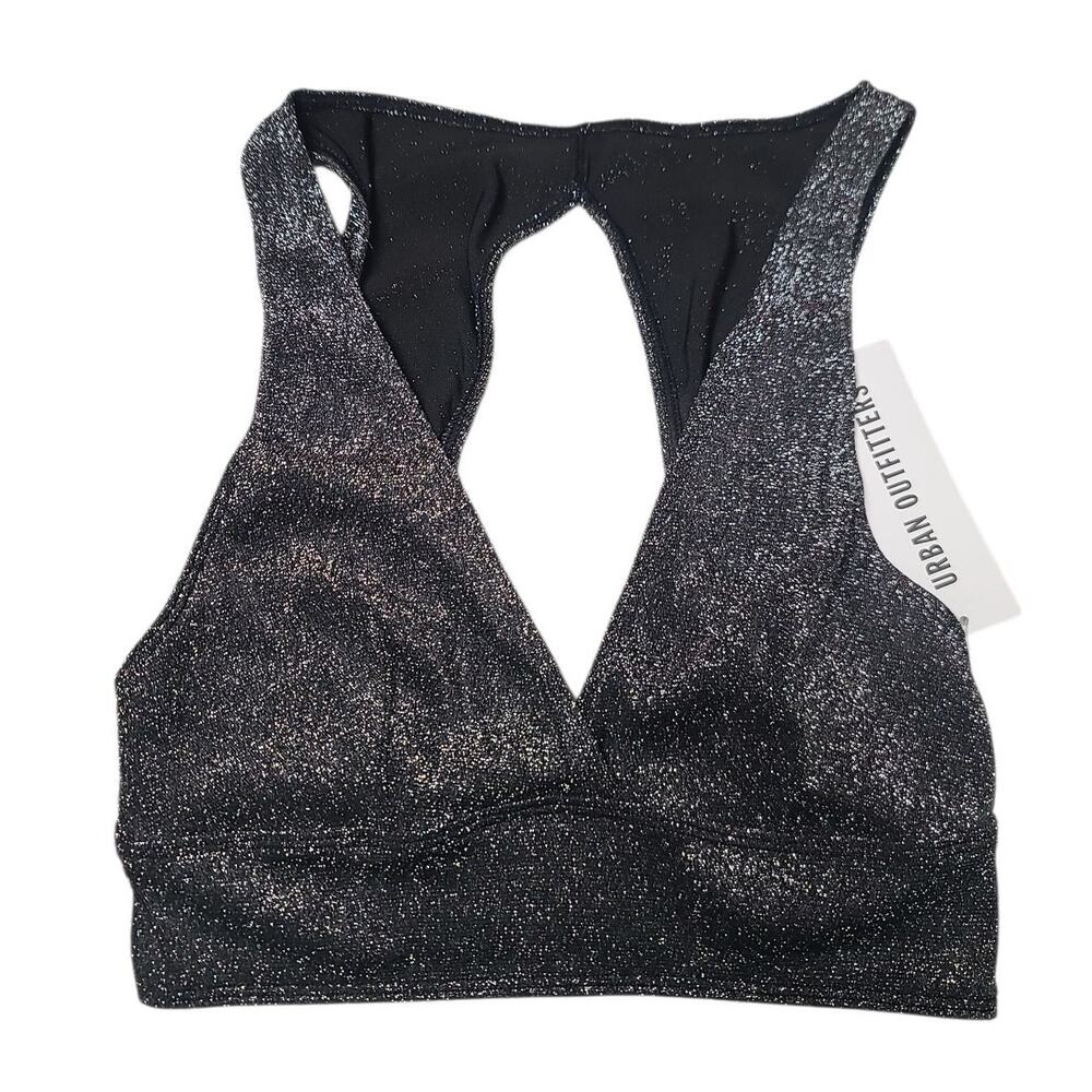Urban Outfitters Out From Under Metallic Deep V Crop Top Small Silver Black NWT